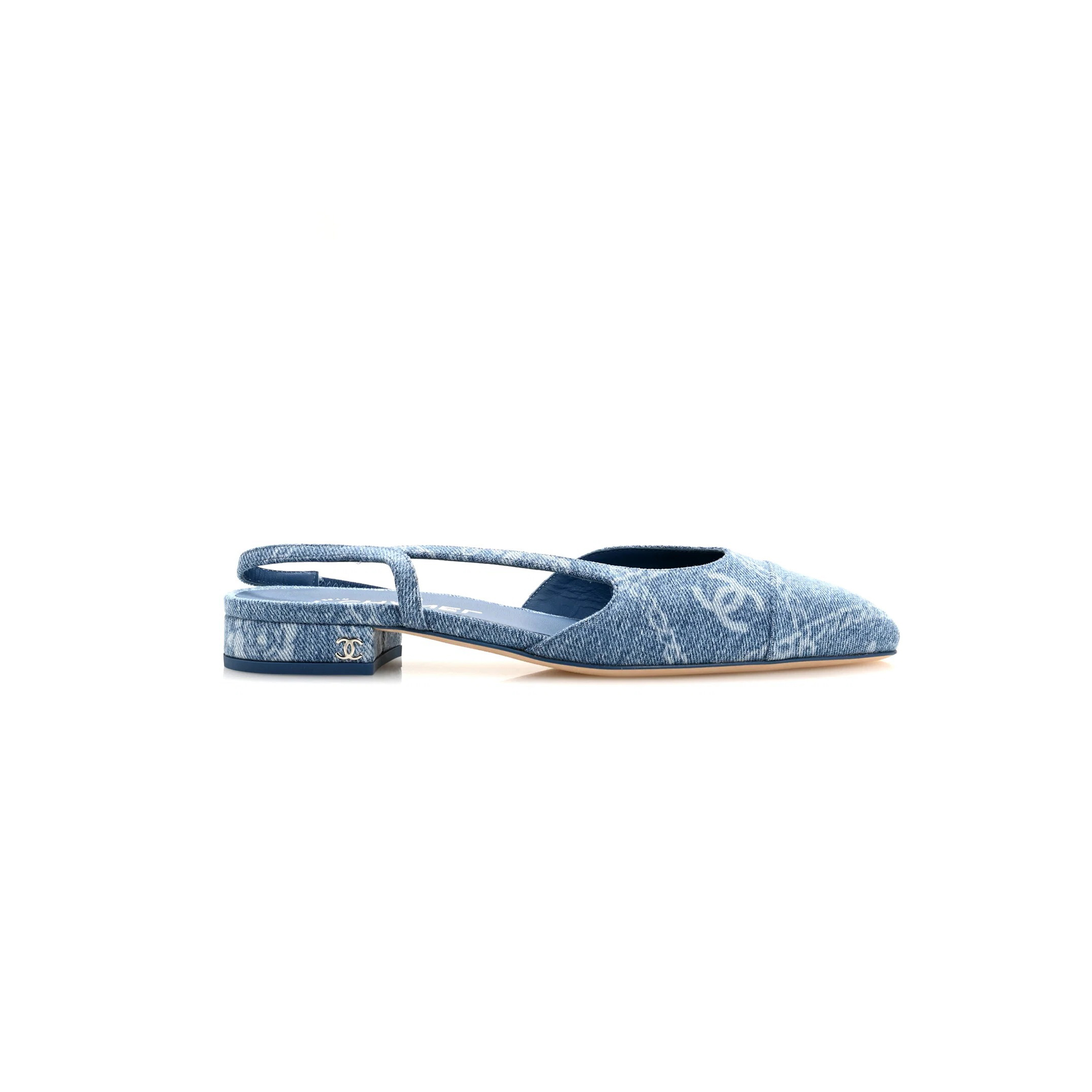 CHANEL DENIM CAP TOE CC SLINGBACK FLATS 38.5 LIGHT BLUE MULTICOLOR